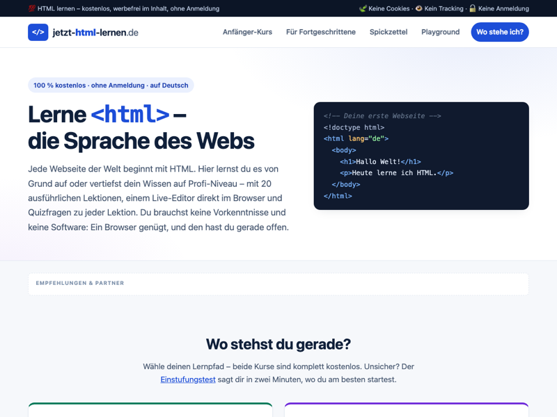 Screenshot des HTML-Kurses jetzt-html-lernen.de